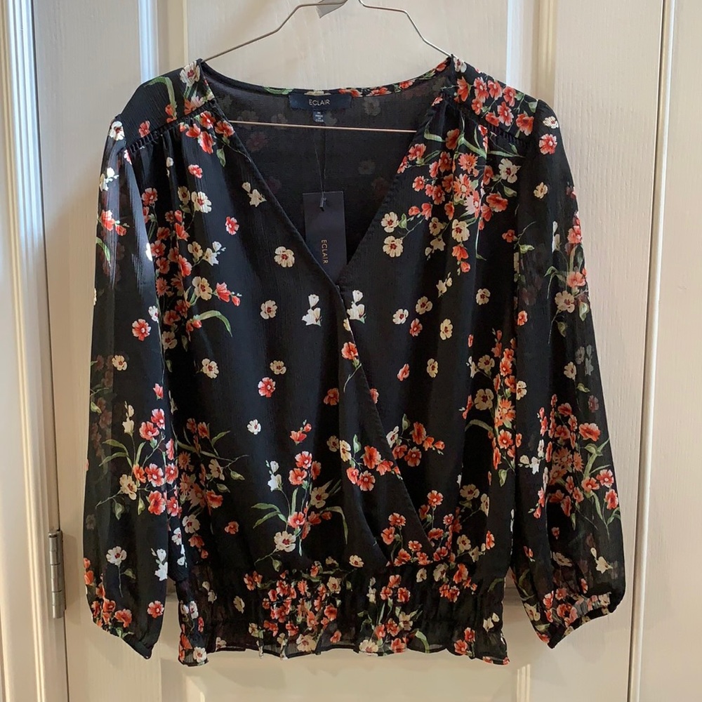 NWT Eclair Semi-sheer Front Wrap Floral Blouse